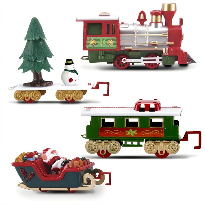 Onderdelen van de kerstboom trein set met locomotief en wagonnetjes